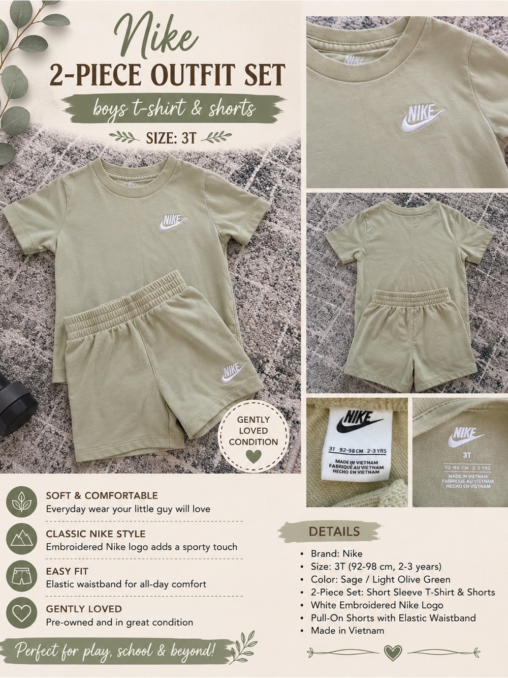 Nike Sage/Light Olive Green Kids Short Sleeve Tee & Shorts Set